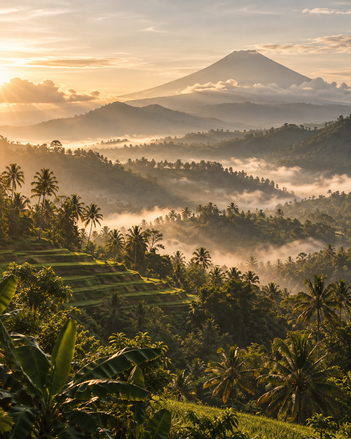 Misty valleys and rice terraces below a volcano at sunrise